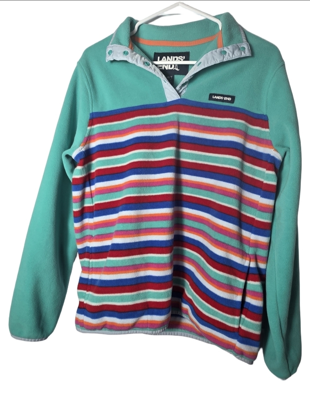 Lands' End Women's Green and Multicolor Striped Fleece Pullover Medium Outdoor